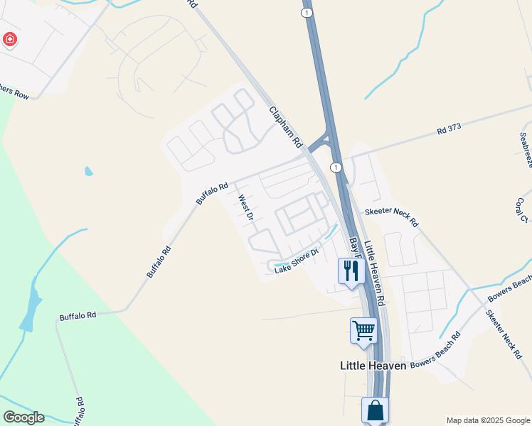 map of restaurants, bars, coffee shops, grocery stores, and more near 136 Willow Drive in Frederica