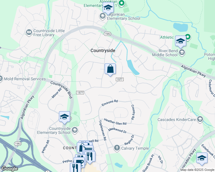 map of restaurants, bars, coffee shops, grocery stores, and more near 29 Carrollton Road in Sterling