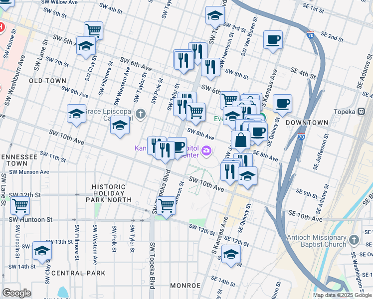map of restaurants, bars, coffee shops, grocery stores, and more near in Topeka