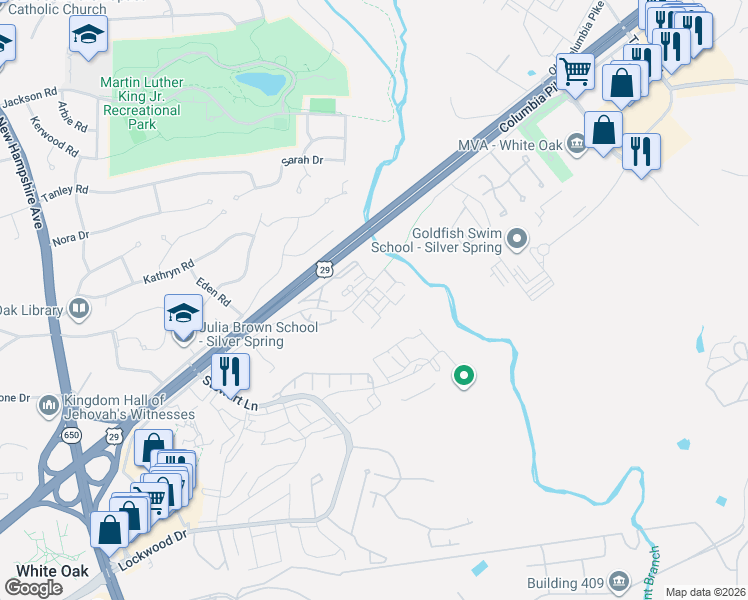 map of restaurants, bars, coffee shops, grocery stores, and more near 1627 Carriage House Terrace in Silver Spring