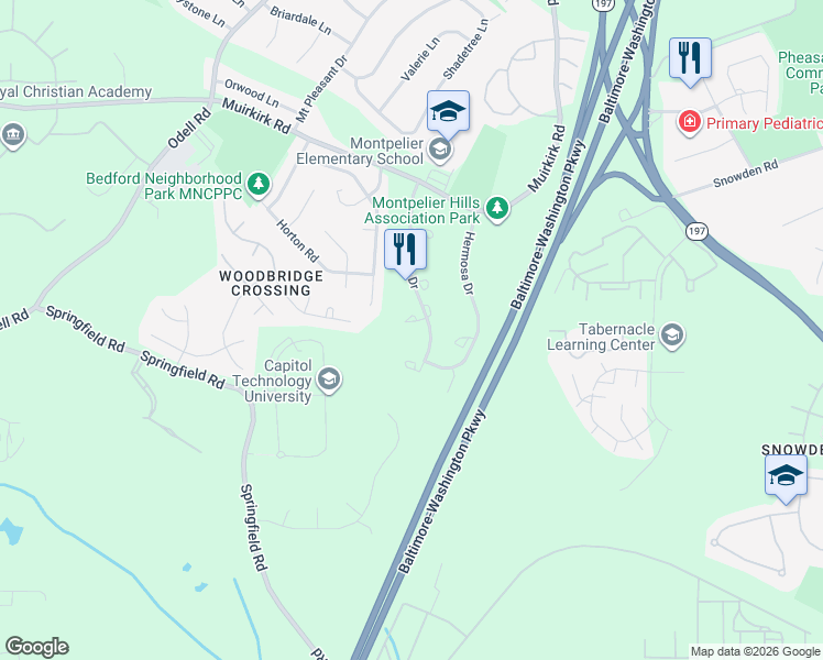 map of restaurants, bars, coffee shops, grocery stores, and more near 9113 Erfurt Court in Laurel