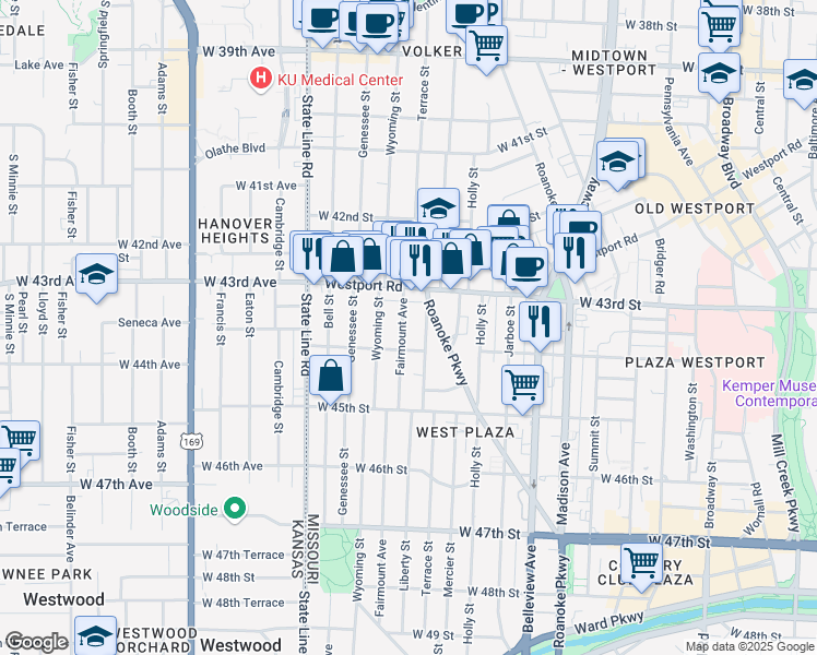 map of restaurants, bars, coffee shops, grocery stores, and more near 4333 Fairmount Avenue in Kansas City