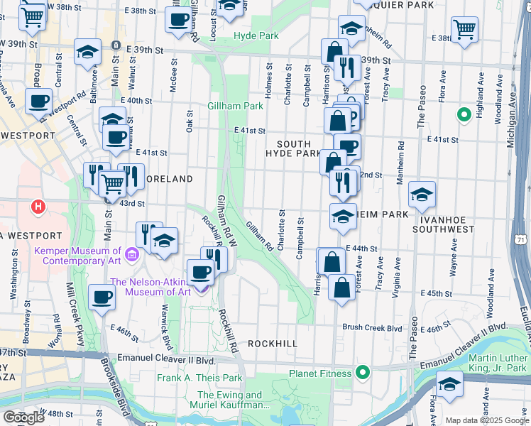 map of restaurants, bars, coffee shops, grocery stores, and more near 4236 Charlotte Street in Kansas City
