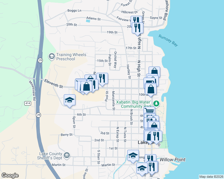 map of restaurants, bars, coffee shops, grocery stores, and more near 701 Eleventh Street in Lakeport