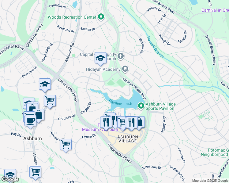 map of restaurants, bars, coffee shops, grocery stores, and more near 44103 Paget Terrace in Ashburn