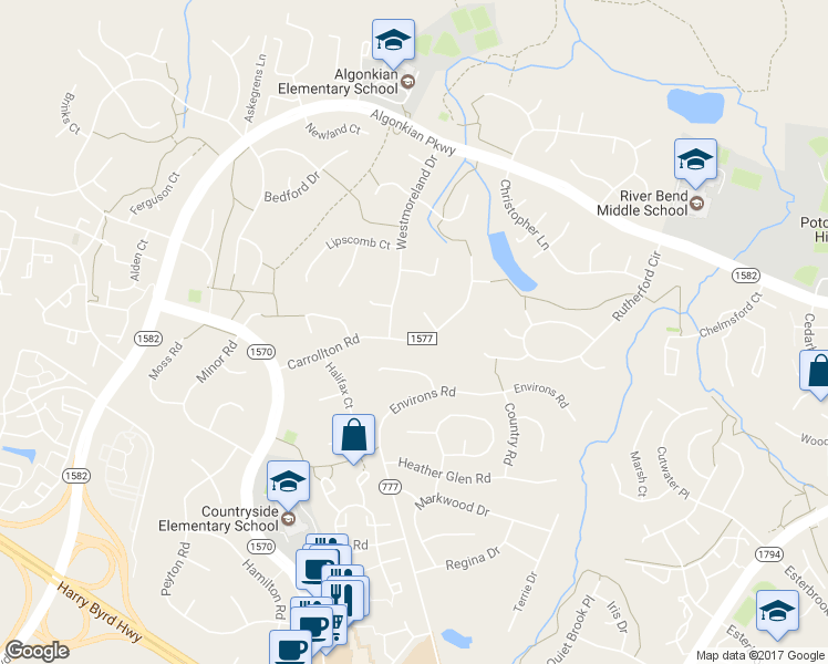 map of restaurants, bars, coffee shops, grocery stores, and more near 29 Carrollton Road in Sterling