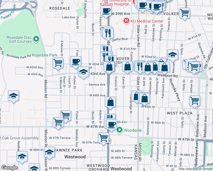 map of restaurants, bars, coffee shops, grocery stores, and more near 4316 Rainbow Boulevard in Kansas City