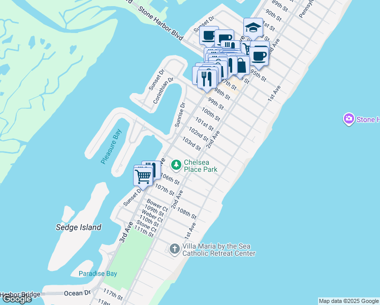 map of restaurants, bars, coffee shops, grocery stores, and more near 242 103rd Street in Stone Harbor