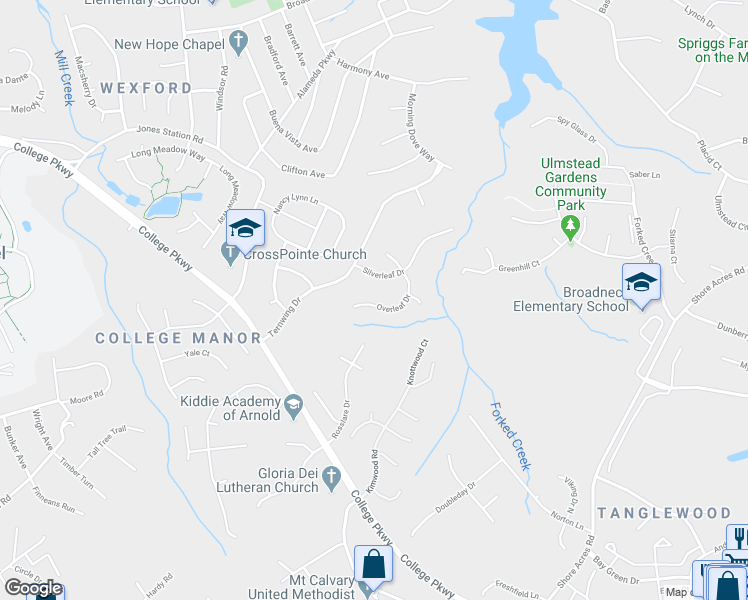 map of restaurants, bars, coffee shops, grocery stores, and more near 260 Overleaf Drive in Arnold