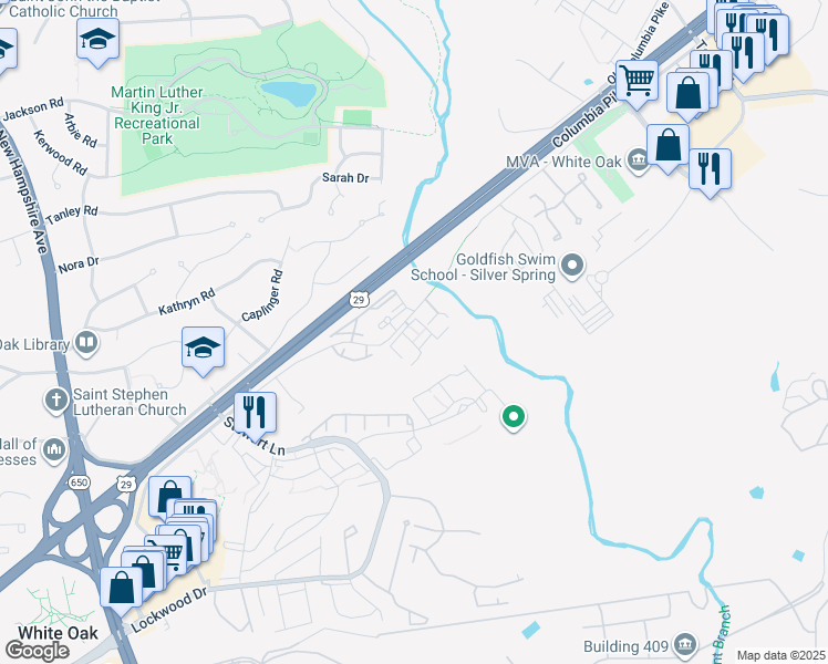 map of restaurants, bars, coffee shops, grocery stores, and more near 1625 Carriage House Terrace in Silver Spring