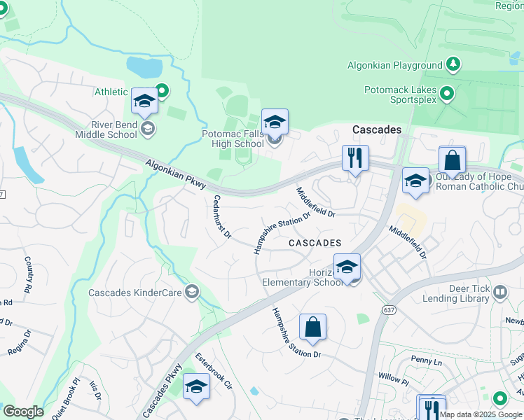 map of restaurants, bars, coffee shops, grocery stores, and more near 46449 Springwood Court in Sterling