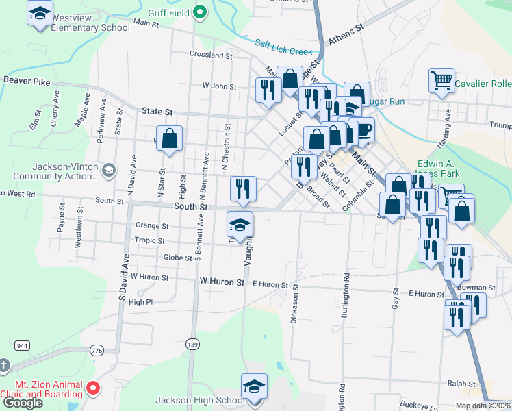 map of restaurants, bars, coffee shops, grocery stores, and more near 33 Portsmouth Street in Jackson