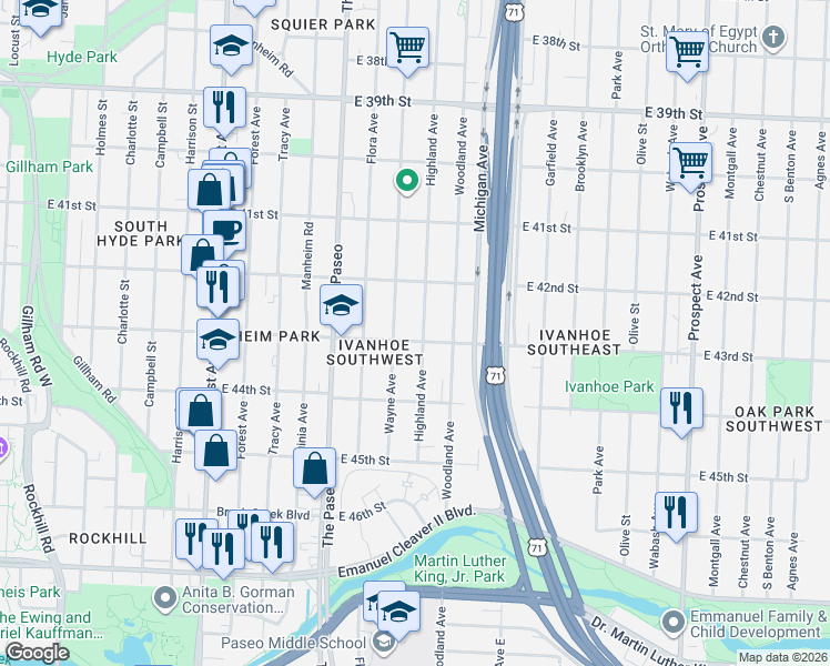 map of restaurants, bars, coffee shops, grocery stores, and more near 4218 Highland Avenue in Kansas City