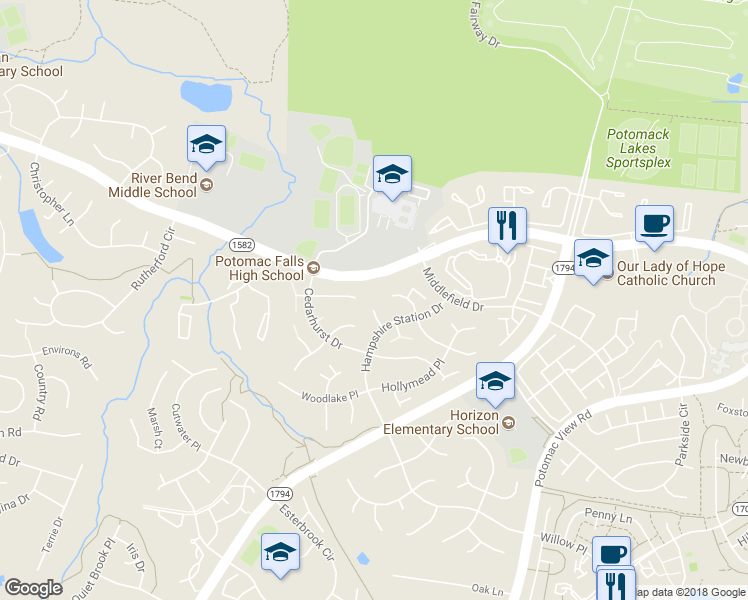 map of restaurants, bars, coffee shops, grocery stores, and more near 46449 Springwood Court in Sterling