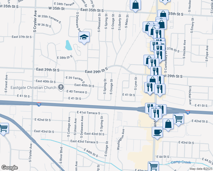 map of restaurants, bars, coffee shops, grocery stores, and more near 3920 South Osage Street in Independence