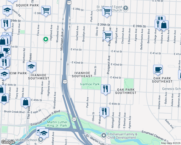 map of restaurants, bars, coffee shops, grocery stores, and more near 4211 Park Avenue in Kansas City