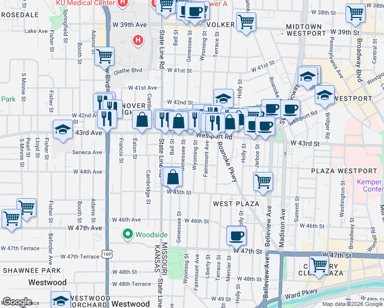 map of restaurants, bars, coffee shops, grocery stores, and more near in Kansas City