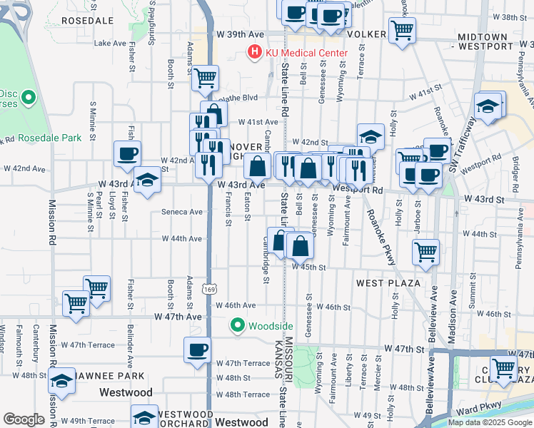 map of restaurants, bars, coffee shops, grocery stores, and more near 1901 West 43rd Place in Kansas City