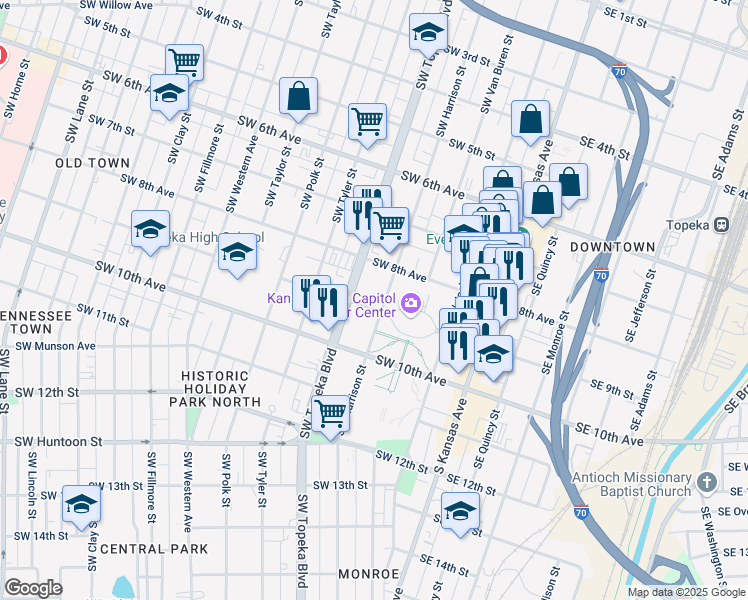 map of restaurants, bars, coffee shops, grocery stores, and more near 817 Southwest Harrison Street in Topeka