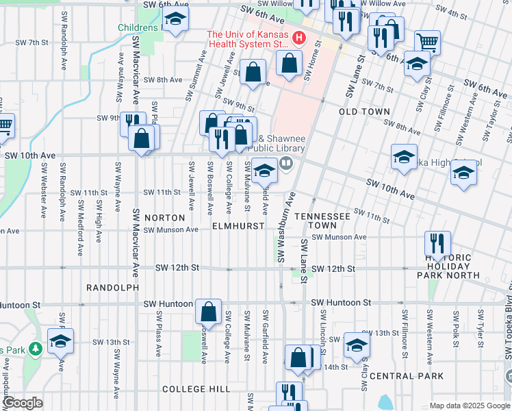 map of restaurants, bars, coffee shops, grocery stores, and more near 1101 Southwest Garfield Avenue in Topeka