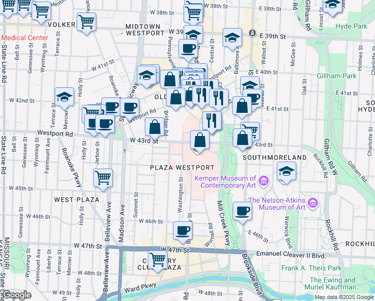map of restaurants, bars, coffee shops, grocery stores, and more near 4320 Wornall Road in Kansas City