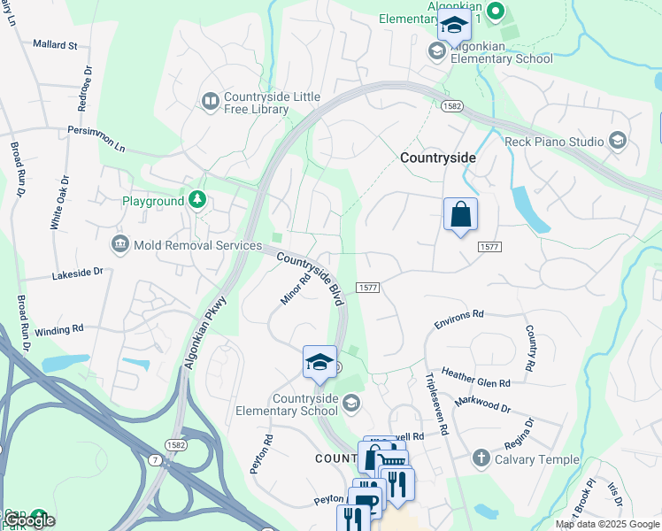 map of restaurants, bars, coffee shops, grocery stores, and more near 6 Austen Court in Sterling