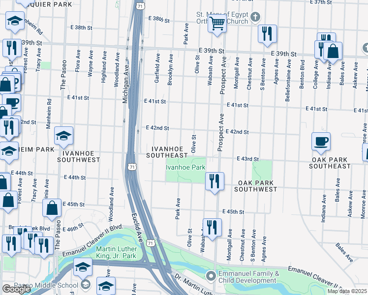 map of restaurants, bars, coffee shops, grocery stores, and more near 4211 Park Avenue in Kansas City