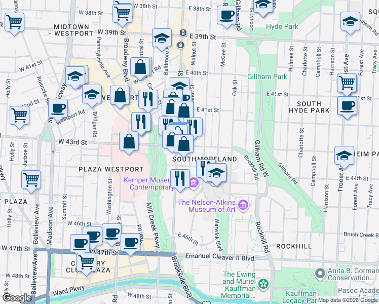 map of restaurants, bars, coffee shops, grocery stores, and more near 16 43rd Street in Kansas City