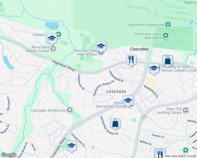 map of restaurants, bars, coffee shops, grocery stores, and more near 46469 Danforth Place in Sterling