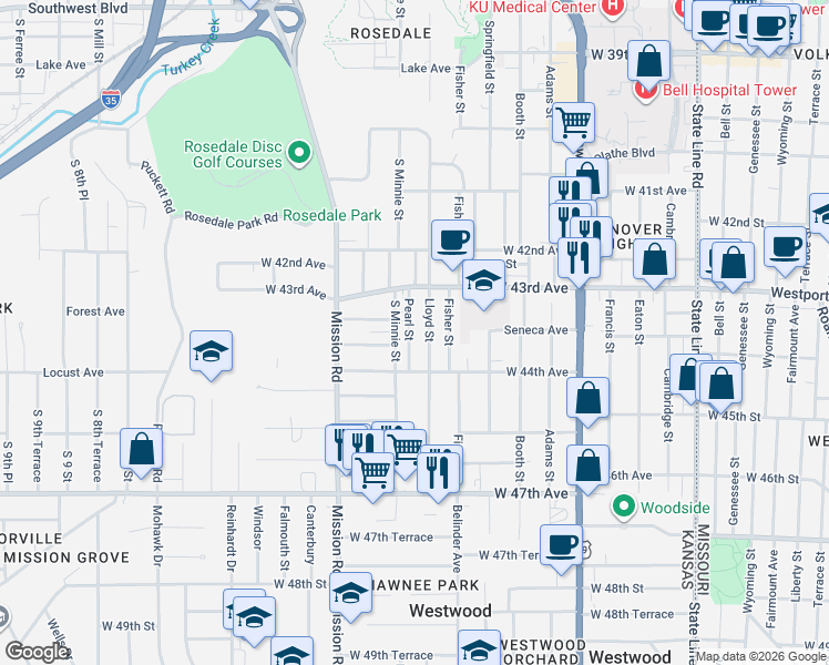 map of restaurants, bars, coffee shops, grocery stores, and more near 4314 Pearl Street in Kansas City