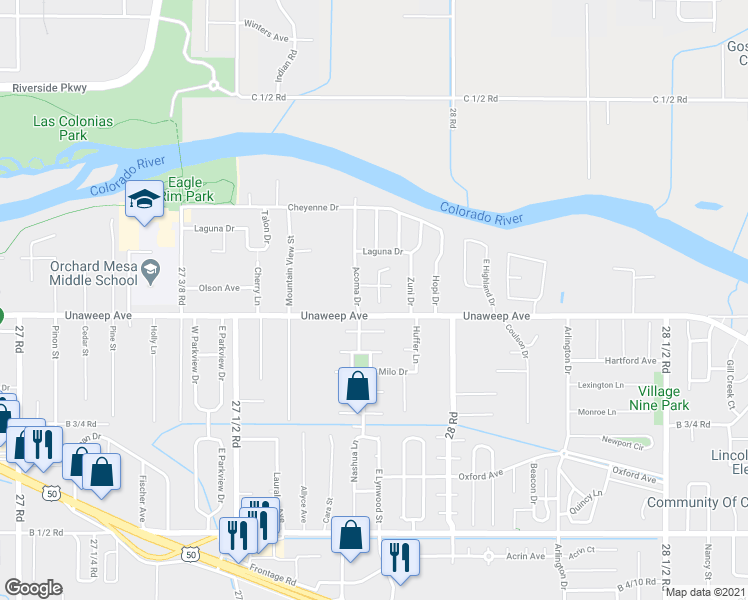 map of restaurants, bars, coffee shops, grocery stores, and more near 305 Carriage Hills Court in Grand Junction