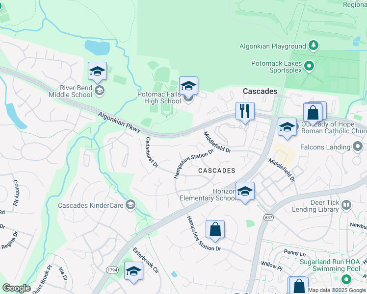map of restaurants, bars, coffee shops, grocery stores, and more near 46469 Danforth Place in Sterling