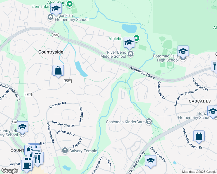 map of restaurants, bars, coffee shops, grocery stores, and more near 29 Rutherford Circle in Sterling