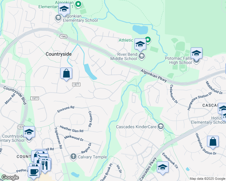 map of restaurants, bars, coffee shops, grocery stores, and more near 81 Rutherford Circle in Sterling