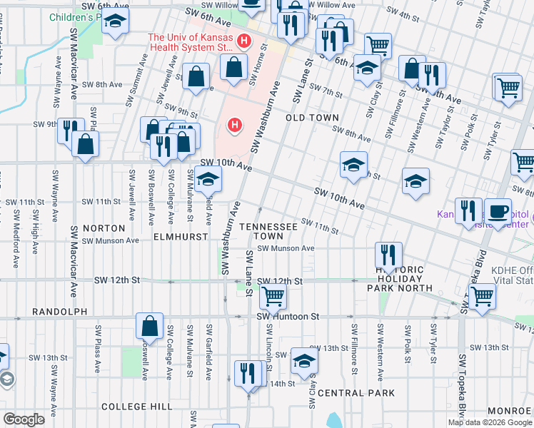map of restaurants, bars, coffee shops, grocery stores, and more near 1029 Southwest Lincoln Street in Topeka