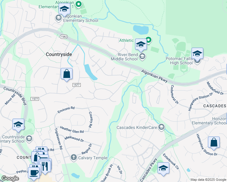 map of restaurants, bars, coffee shops, grocery stores, and more near 81 Rutherford Circle in Sterling
