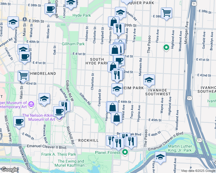 map of restaurants, bars, coffee shops, grocery stores, and more near East 43rd Street & Harrison Street in Kansas City