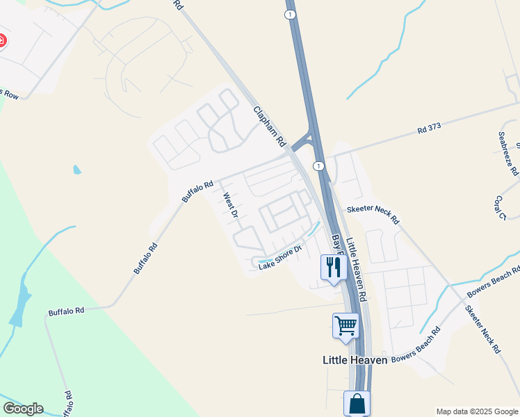 map of restaurants, bars, coffee shops, grocery stores, and more near 80 Sycamore Drive in Frederica