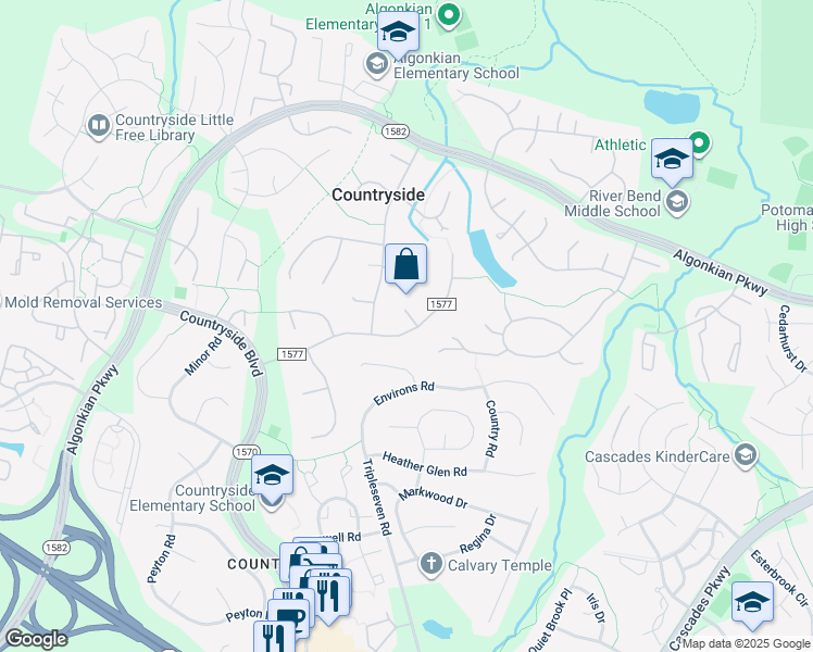 map of restaurants, bars, coffee shops, grocery stores, and more near 33 Carrollton Road in Sterling