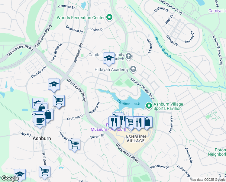 map of restaurants, bars, coffee shops, grocery stores, and more near 44013 Florence Terrace in Ashburn