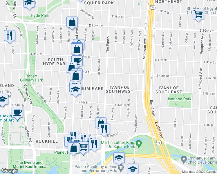 map of restaurants, bars, coffee shops, grocery stores, and more near 4229 The Paseo in Kansas City