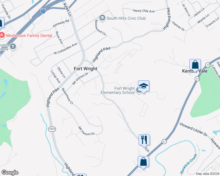 map of restaurants, bars, coffee shops, grocery stores, and more near 629 Farrell Drive in Fort Wright