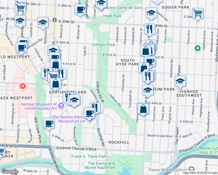 map of restaurants, bars, coffee shops, grocery stores, and more near 4237 Kenwood Avenue in Kansas City