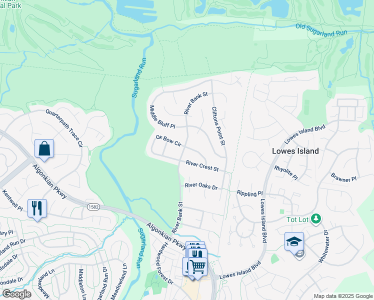 map of restaurants, bars, coffee shops, grocery stores, and more near 20424 River Bank Street in Sterling
