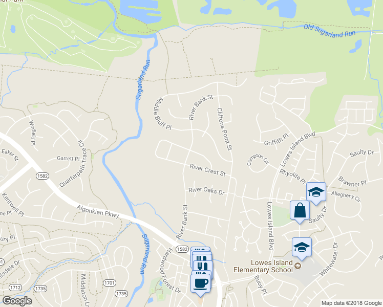 map of restaurants, bars, coffee shops, grocery stores, and more near 20424 River Bank Street in Sterling