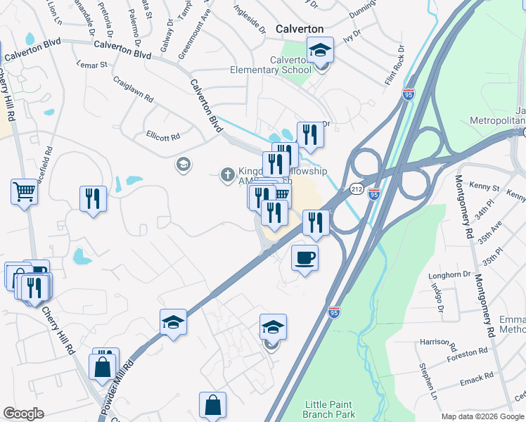map of restaurants, bars, coffee shops, grocery stores, and more near 11603 Beltsville Drive in Beltsville