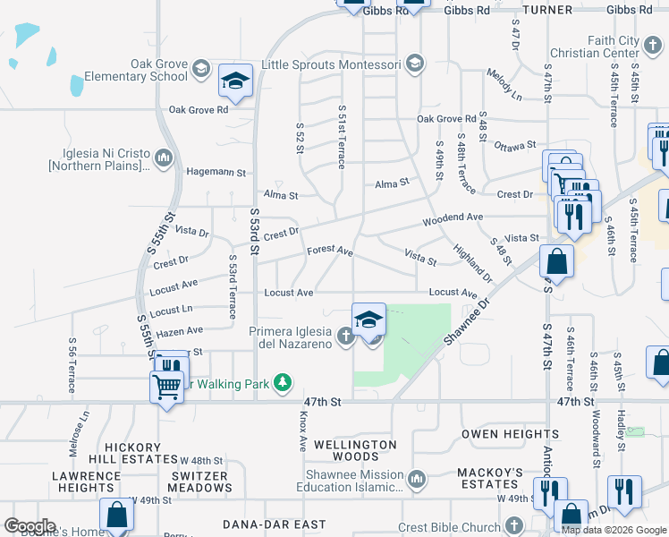 map of restaurants, bars, coffee shops, grocery stores, and more near 2901 South 51st Terrace in Kansas City