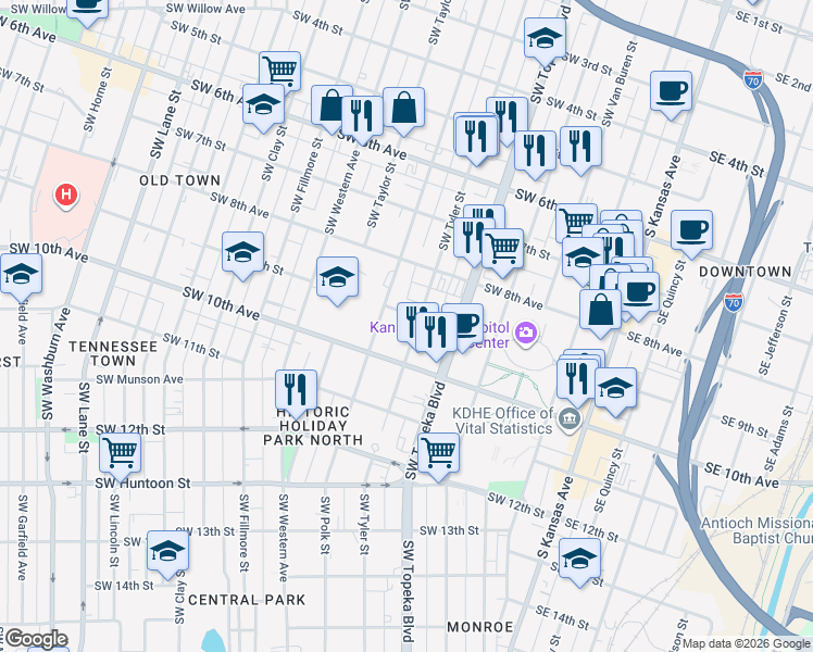map of restaurants, bars, coffee shops, grocery stores, and more near 623 Southwest 9th Street in Topeka