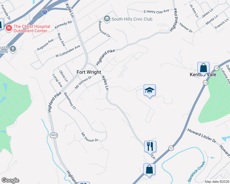 map of restaurants, bars, coffee shops, grocery stores, and more near 629 Farrell Drive in Fort Wright