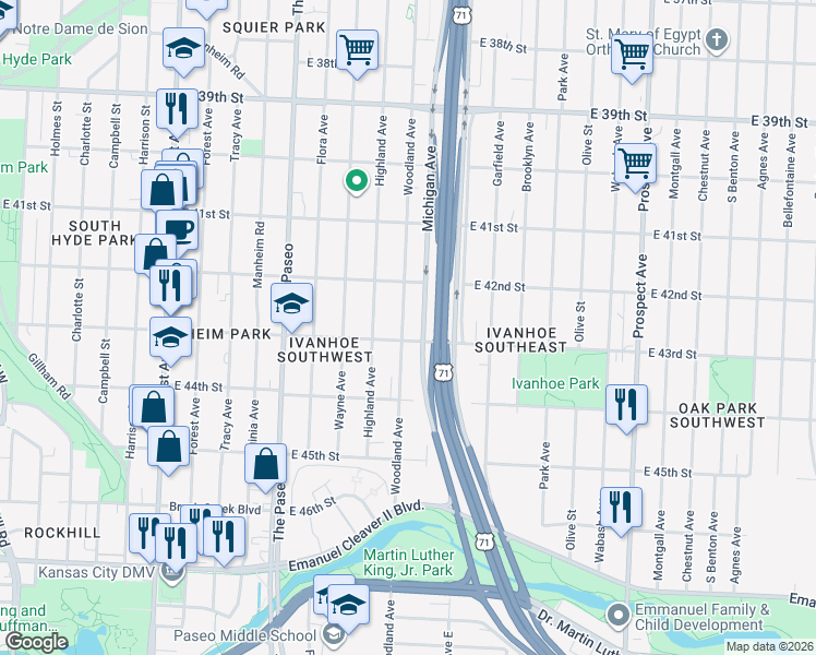 map of restaurants, bars, coffee shops, grocery stores, and more near 4211 Woodland Avenue in Kansas City